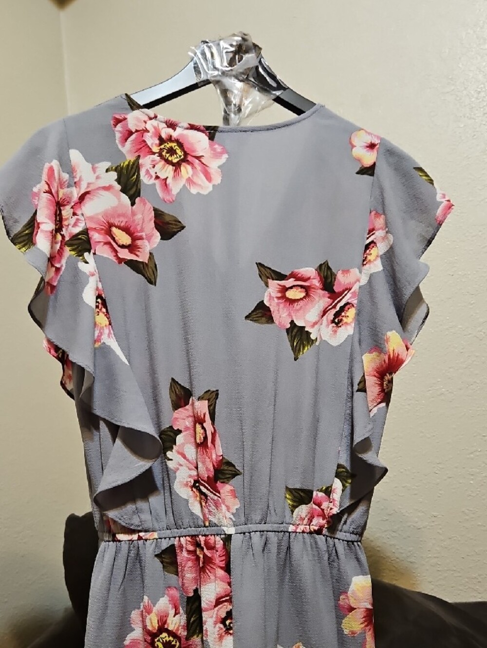 Umgee Gray Floral Wrap Romper with Pink Blooms - Picture 5 of 8